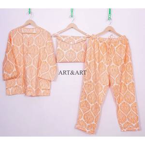 Pijamas Elegantes de Lujo para Mujer, Hechas a Mano en India con Estampado a Bloque, 100% Algodón Puro de Primera Calidad, Conjunto de Primavera y Verano - Product Image 1