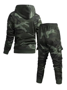 Solid 100% Cotton Terry Fabric 300g Quick Dry Multi Pocket Sports Suit Fashionable Casual Hooded Two-Piece Set Men's - Product Image 3