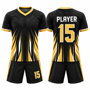 Tenue de football personnalisée noire et or, motif géométrique, sublimée, anti-humidité, 100 % polyester, manches courtes, coupe classique pour homme adulte - Product Image 1