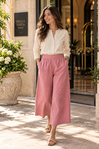Pantalones Casuales de Mujer de Lino y Algodón Rosa, Cintura Media, Corte Holgado, Cintura Elástica, Bolsillos, Pierna Ancha, Tejido Liso, Largos, para Verano - Product Image 3