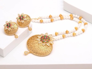 Traditional Rajwadi Pearl Necklace Set 22K Gold Plated Antique Gold Pendant Ruby Emerald Bridal Jewelry - Product Image 1