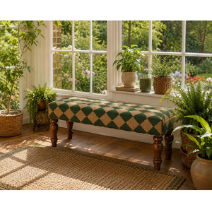 Banco tapizado artesanal de madera con lana y yute, diseño 'Green Diamond', estilo rústico, para recibidor, dormitorio, extremo de cama, otomana o asiento decorativo - Product Image 3