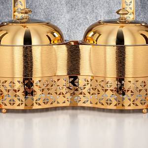 Juego de calentadores de comida dobles redondos dorados de lujo de acero inoxidable con soporte de corte láser y tapas colgantes para catering de buffet - Product Image 6