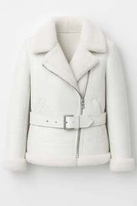 Custom Men <b>White</b> Embossed Leather Aviator <b>Jacket</b> Shearling Fur Collar Winter Warm Coat Premium Quality - Product Image 4