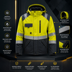 Veste de sécurité haute visibilité imperméable réfléchissante à capuche fluorescente, manteau d'hiver haute qualité avec détection de métal - Product Image 5