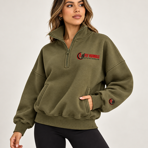 Sudadera negra de media cremallera para mujer Fly Humble con cuello alto, forro polar, hombros caídos y logo bordado - Product Image 3