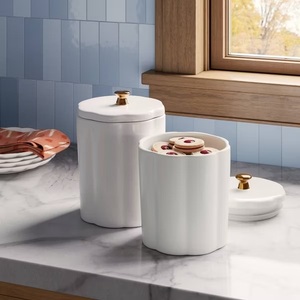 Elegant Ceramic Storage Canister Gold Accent Lid Sculpted Design Airtight <b>Kitchen</b> Jar Luxury Counter Organizer Premium <b>Decor</b> - Product Image 4