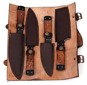 Couteaux de chef de style traditionnel, 4 pièces, motif Damas, avec manche en bois, bord dentelé tranchant, multi-usages, écologiques - Product Image 5