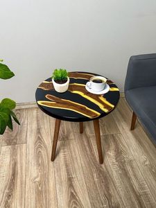 Round Wood <b>Resin</b> Side <b>Table</b> With Natural River Pattern Artistic <b>Epoxy</b> Finish Handmade Home Decor Accent Piece - Product Image 1