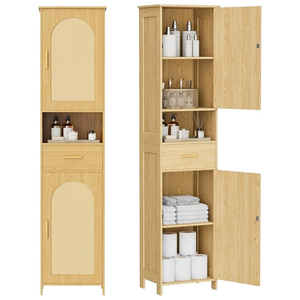 Modern Teak Wood Bathroom Storage <b>Cabinet</b> with Rattan Doors and <b>Tall</b> Space Saving Organizer Design - Product Image 1