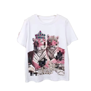 เสื้อยืดคอกลมแขนสั้นทรงหลวมผ้าฝ้ายเจอร์ซีย์สีขาวสำหรับผู้หญิง พิมพ์ลายเสือ ประดับด้วยคริสตัล เหมาะสำหรับใส่ลำลองทุกฤดู - Product Image 1