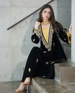 Elegant Black Velvet Abaya With Gold Embroidery V Neck Long Sleeve Floor Length Middle Eastern Wedding Dress For Women - Product Image 3