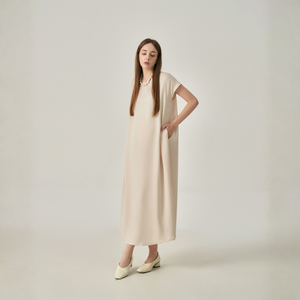 เสื้อผ้าไหมซาตินเรียบง่าย ทรงมิดิ ระบายอากาศได้ดี คอกลม แขนสั้น เอวหลวม มีกระเป๋า สวมใส่สบายทุกวัน เหมาะสำหรับคนท้อง ดูสง่างาม - Product Image 1