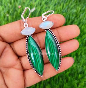 New Trendy Malachite Moonstone <b>Silver</b> Plated <b>Clip</b>-on Earrings Women's Jewelry Handmade Brass Wedding Third Party Appraisal - Product Image 4