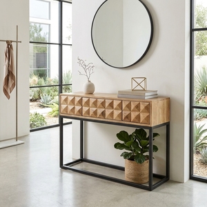 Dice Console Modern Industrial Solid Wood Entryway <b>Table</b> With 3D Geometric Carved Drawers And Black Metal Legs Living Room Decor - Product Image 3
