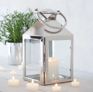Modern <b>Silver</b> Metal Glass <b>Lantern</b> Lamp Stainless Steel Candle Holder Decorative <b>Lantern</b> for Home Wedding Indoor Outdoor Decor - Product Image 1