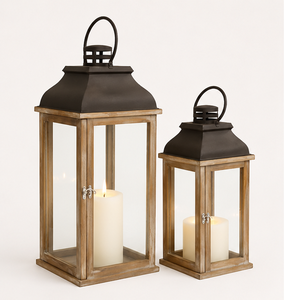 Handmade <b>Set</b> of 2 Farmhouse Wooden <b>Candle</b> Lanterns with Metal Top Decorative Lantern for Indoor Outdoor Home Decor Best Price - Product Image 1