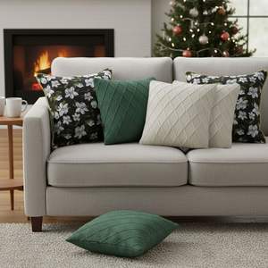 Juego de 6 Fundas de Almohada Decorativas SOGA, Diseño Floral Negro con Ribete Verde, Tejido de Punto Crema, Verde Bosque - Product Image 6