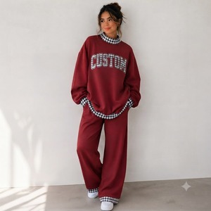 Women's Oversized <b>Mock</b> <b>Neck</b> Shorts Set Custom Letter Print Striped Trim Knitted Polyester/Cotton Two Piece for Casual Wear - Product Image 2