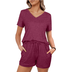 Ensemble short 2 pièces pour femme, couleur unie, coupe ample, coton, décontracté, col rond, manches courtes, au-dessus du genou, respirant, pour l'été - Product Image 2