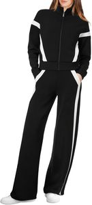 Ensemble de survêtement sportif pour femme, noir et blanc, à blocs de couleur, avec fermeture éclair, col montant, manches longues, poches latérales, pour l'automne - Product Image 3