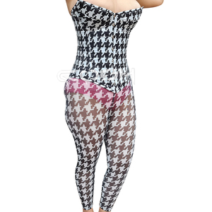 Ensemble corset overbust à imprimé pied-de-poule noir et blanc pour femme avec leggings taille haute en maille transparente - Product Image 2