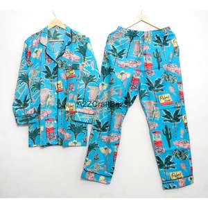 Conjunto de Pijama de Algodón Hecho a Mano para Mujer, Estilo Indio, Largo, de Verano, con Mangas Largas, Cierre con Cordón, Estampado Floral, Transpirable, Tejido - Product Image 1