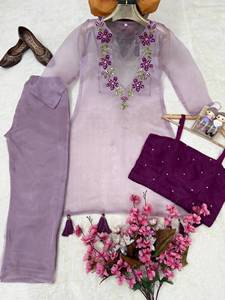 Shivam <b>Women</b> Embroidered Traditional Organza <b>Kurti</b> Co Ord Set Indian Pakistani Salwar Kameez Purple Floral Ethnic Outfit Quick - Product Image 3