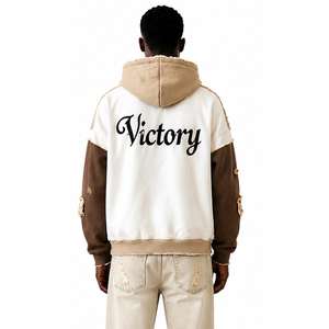 Sweat à capuche déchiré patchwork pour homme, coupe oversize, style streetwear, beige et marron, imprimé Victory, pull décontracté et tendance - Product Image 3