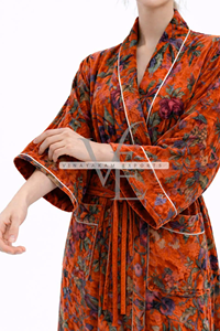 Exquisite Red Floral Velvet Kimono Robe Luxury Handcrafted Bohemian Long <b>Dressing</b> <b>Gown</b> Elegant <b>Summer</b> Casual Breathable - Product Image 3