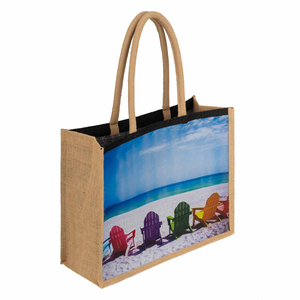 <b>Medium</b> Jute Shopping <b>Bag</b> With Top Handle For Groceries Reusable Tote Black And Natural Color - Product Image 2