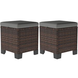 2 Pouf da Esterno Grigi con Cuscini, Poggiapiedi in Rattan Intrecciato e Tavolino Laterale per Patio, Giardino, Bordo Piscina - Arredamento da Esterno - Product Image 1