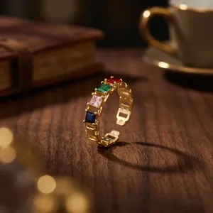 Anillo Ajustable de Moda para Mujer, Chapado en Oro Sólido, Latón Antideslustre, Joyería con Piedras Preciosas Naturales, Anillos Personalizados con Circonitas Cúbicas Multicolores Arcoíris - Product Image 4