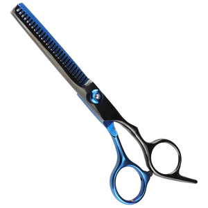 Ciseaux à effiler professionnels 6'' à faible MOQ, bleus et noirs, en acier inoxydable, à pointe arrondie, durables, outils de salon, OEM - Product Image 1