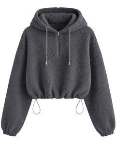 Sweat à capuche court en molleton texturé gris anthracite, quart de zip, ourlet ajustable avec cordon de serrage, streetwear décontracté, pull chaud, logo personnalisé - Product Image 1