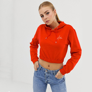 Custom Women <b>Red</b> <b>Cropped</b> Hoodie Fleece Long Sleeve Pullover Crop <b>Top</b> Sweatshirt Casual Plain Cotton Blank Womens Crop Hoodies HQ - Product Image 3
