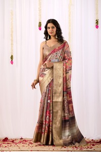Sari Beige Dorado con Estampado Floral para Mujer, Sari Indio de Diseñador con Borde Metálico Zari, Ropa Tradicional para Bodas y Fiestas - Product Image 1