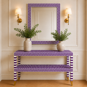 Table console élégante en os incrusté avec cadre de miroir et étagère, meuble d'appoint décoratif pour entrée et couloir - Product Image 1