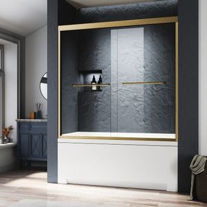 Porta Doccia per Vasca da Bagno in Vetro Certificato SGCC ANSI 56-60 Pollici L X 62 Pollici Porta Doppia Semi-Senza Telaio in Vetro Temperato Trasparente con Finitura Oro Spazzolato - Product Image 1