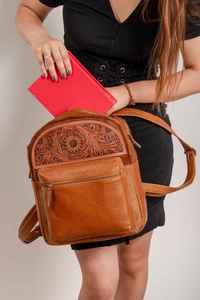Western Luxury Tooled Genuine Leather <b>Backpack</b> For Women Handmade Floral Embossed Cowhide High Quality School Travel Bag - Product Image 3