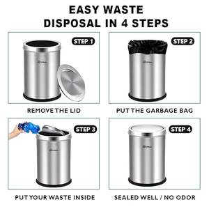 Cubo de basura de acero inoxidable con tapa abatible y tapa extraíble para el hogar, cocina, baño, oficina, 10x14 pulgadas - 18 litros - Product Image 6