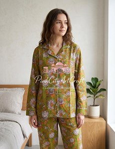 Handcrafted Cotton Floral Night Suit Artisanal Jaipuri Block Print Olive Green Loungewear Co-ord Set Notch Collar <b>Pyjamas</b> <b>Summer</b> - Product Image 3