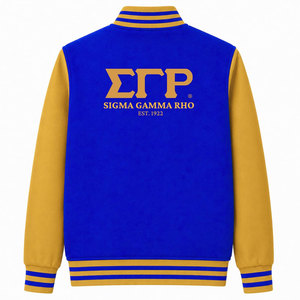 Veste universitaire Sigma Gamma Rho Sorority bleue avec broderie dorée de lettres grecques, style universitaire, veste de baseball élégante pour femmes - Product Image 3