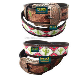 Best Quality Unisex <b>Western</b> Style Cowhide Leather Tooling Hand Carved Painted Men's Ladies' <b>Belts</b> Custom Beads Decorated - Product Image 3