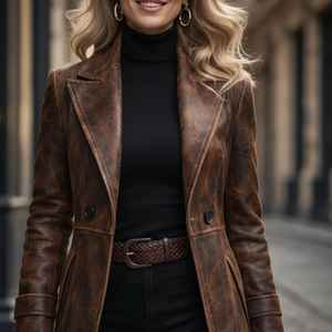 Abrigo largo de invierno de cuero premium para mujer, textura suave, ropa exterior moderna para atuendos casuales y viajes. - Product Image 2