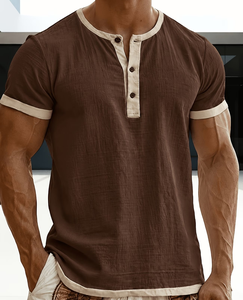 Men's Short Sleeve Henley T-Shirt Regular Fit Solid Color Button-<b>Up</b> 110g 100% Cotton woven Fabric Casual Wear made in Bangladesh - Product Image 1