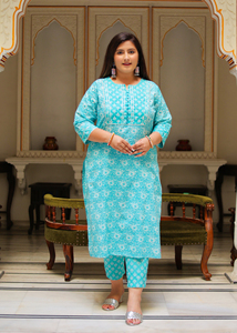 Festive Kurta <b>Pant</b> Dupatta Set Cotton Floral Printed Sky Blue Round Neck <b>Three</b> <b>Quarter</b> Sleeve Plus Size Women Wholesale Set - Product Image 1