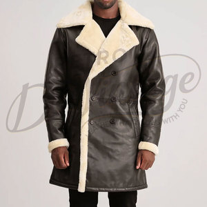 Abrigo Largo de Cuero Genuino Negro para Hombre, Abrigo de Invierno Cálido con Forro de Piel de Oveja Crema, Abrigo de Lujo con Cuello de Piel - Product Image 3