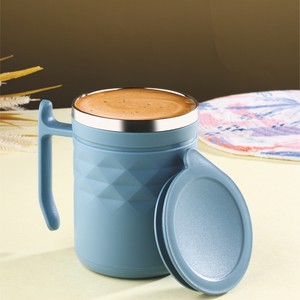 Premium stainless steel insulated coffee mug with textured geometric design <b>reusable</b> travel tea <b>cup</b> with handle lid - Product Image 4