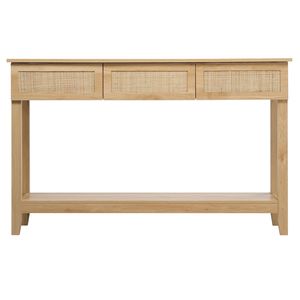 Consolle Boho in Rattan con 3 Cassetti e Ripiano Aperto, Tavolo Lungo e Stretto per Ingresso e Corridoio - Product Image 1